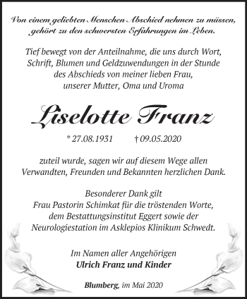 Traueranzeige von Liselotte Franz von Märkische Oderzeitung