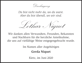 Traueranzeige von Lothar Niquet von Märkische Oderzeitung