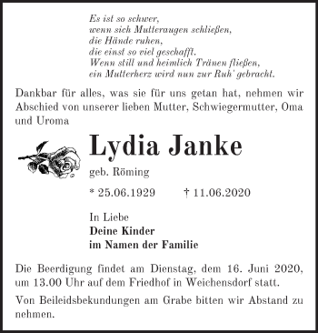 Traueranzeige von Lydia Janke von Märkische Oderzeitung