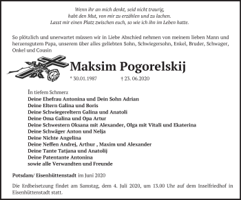 Traueranzeige von Maksim Pogorelskij von Märkische Oderzeitung