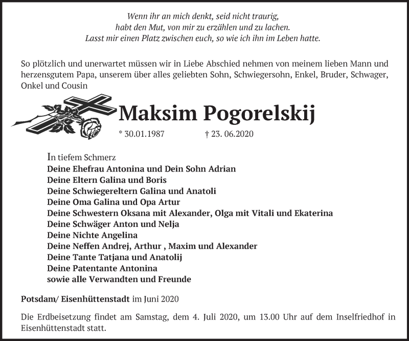  Traueranzeige für Maksim Pogorelskij vom 27.06.2020 aus Märkische Oderzeitung