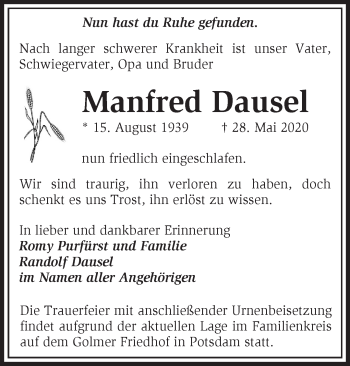 Traueranzeige von Manfred Dausel von Märkische Oderzeitung