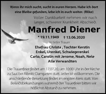 Traueranzeige von Manfred Diener von Märkische Oderzeitung