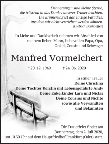 Traueranzeige von Manfred Vormelchert von Märkische Oderzeitung