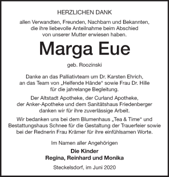 Traueranzeige von Marga Eue von Märkische Oderzeitung