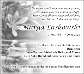 Traueranzeige von Marga Laskowski von Märkische Oderzeitung