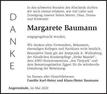 Traueranzeige von Margarete Baumann von Märkische Oderzeitung