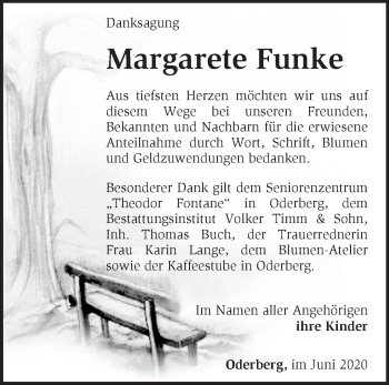 Traueranzeige von Margarete Funke von Märkische Oderzeitung