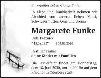 Traueranzeige von Margarete Funke von Märkische Oderzeitung