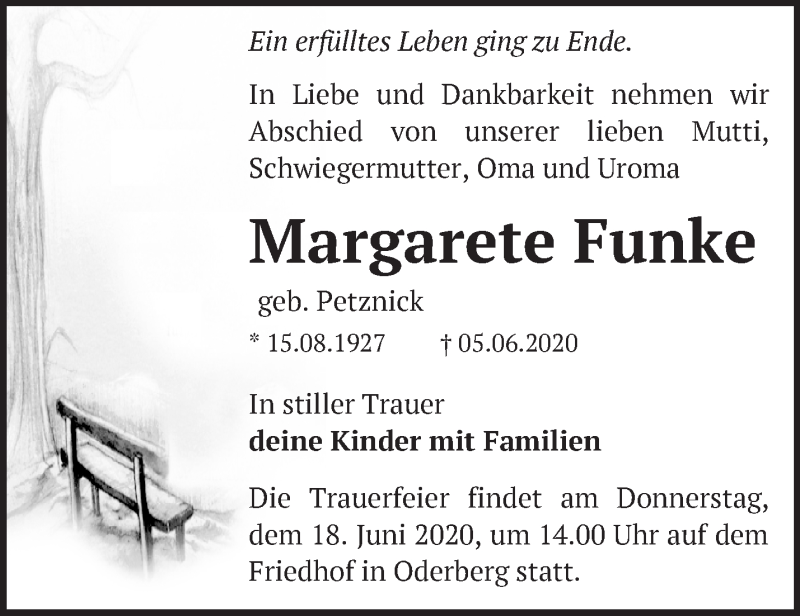  Traueranzeige für Margarete Funke vom 14.06.2020 aus Märkische Oderzeitung