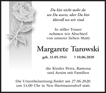 Traueranzeige von Margarete Turowski von Märkische Oderzeitung