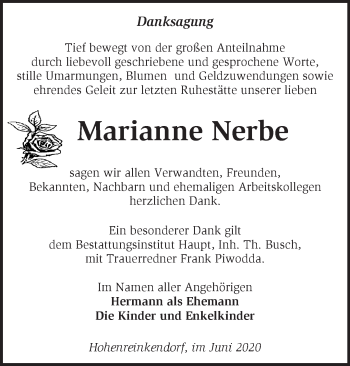 Traueranzeige von Marianne Nerbe von Märkische Oderzeitung