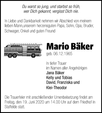 Traueranzeige von Mario Bäker von Märkische Oderzeitung