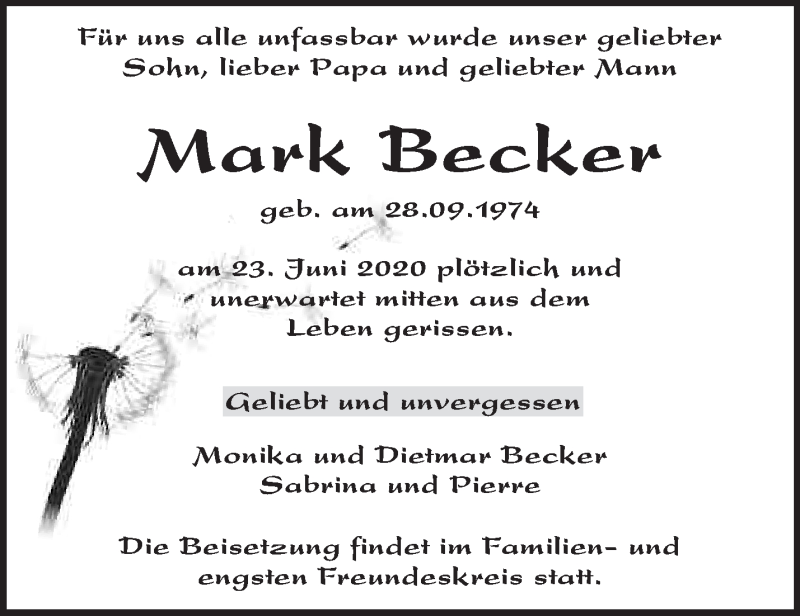  Traueranzeige für Mark Becker vom 27.06.2020 aus Märkische Oderzeitung