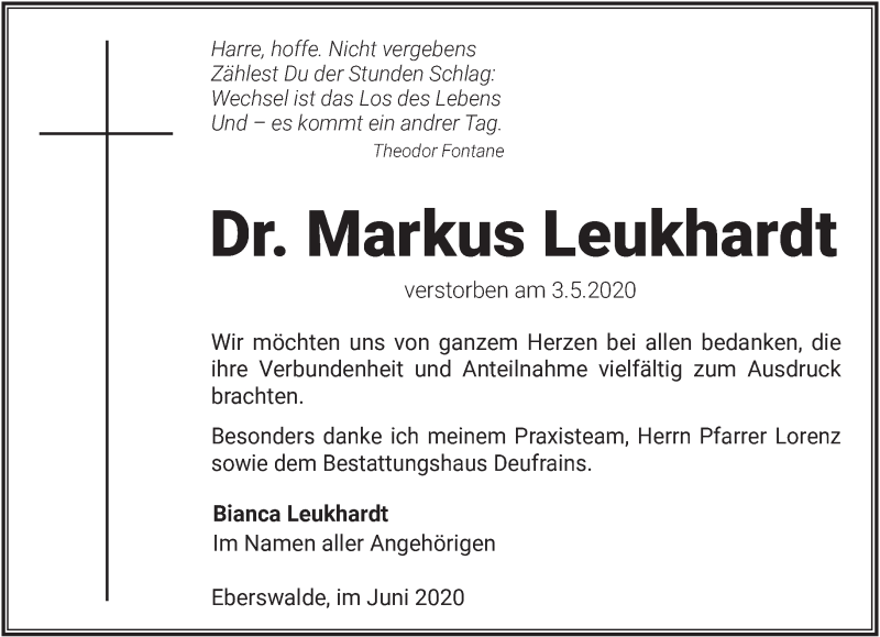  Traueranzeige für Markus Leukhardt vom 06.06.2020 aus Märkische Oderzeitung