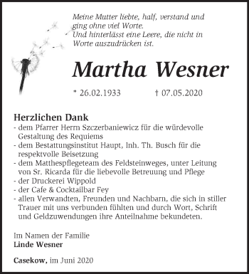 Traueranzeige von Martha Wesner von Märkische Oderzeitung