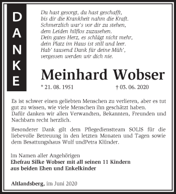 Traueranzeige von Meinhard Wobser von Märkische Oderzeitung