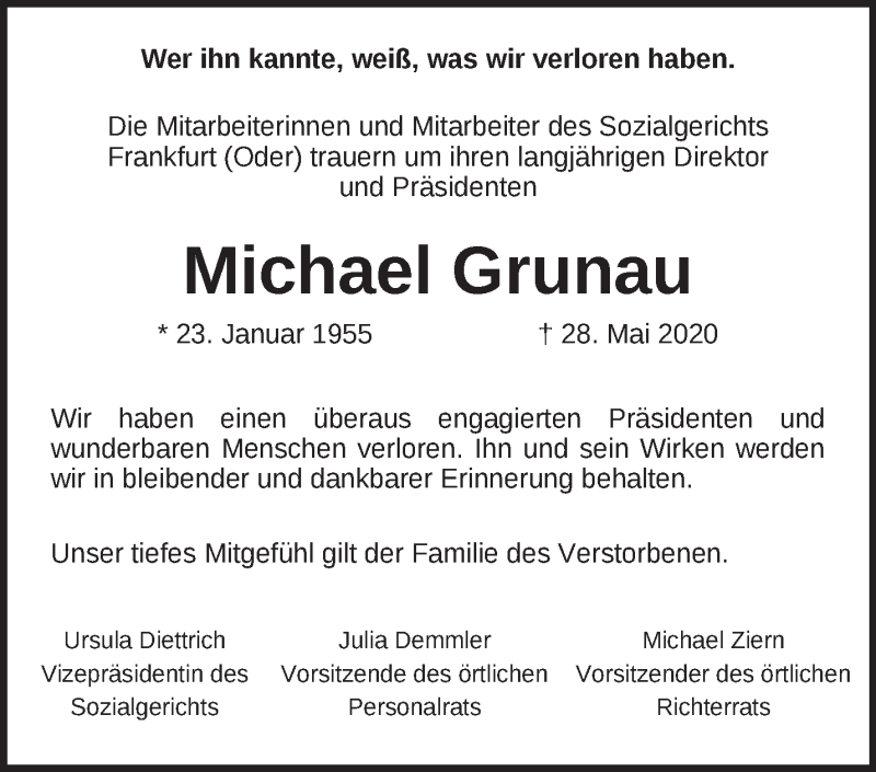  Traueranzeige für Michael Grunau vom 05.06.2020 aus Märkische Oderzeitung