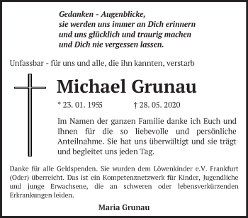 Traueranzeige von Michael Grunau von Märkische Oderzeitung