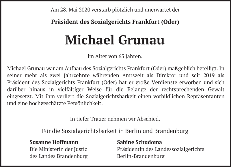  Traueranzeige für Michael Grunau vom 05.06.2020 aus Märkische Oderzeitung