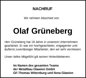 Traueranzeige von Olaf Grüneberg von Märkische Oderzeitung