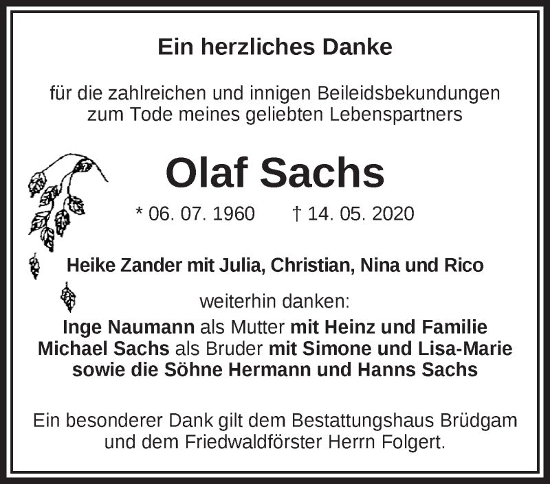  Traueranzeige für Olaf Sachs vom 06.06.2020 aus Märkische Oderzeitung