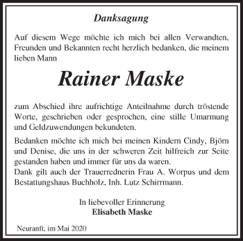 Traueranzeige von Rainer Maske von Märkische Oderzeitung