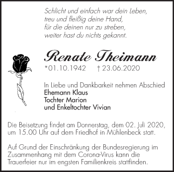 Traueranzeige von Renate Theimann von Märkische Oderzeitung