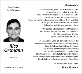 Traueranzeige von Rico Ortmann von Märkische Oderzeitung