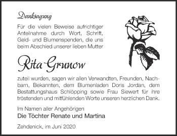 Traueranzeige von Rita Grunow von Märkische Oderzeitung