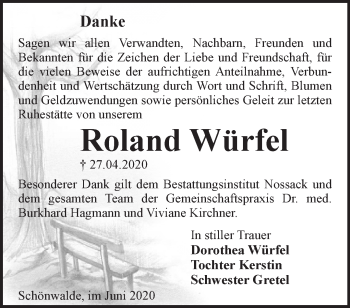 Traueranzeige von Roland Würfel von Märkische Oderzeitung