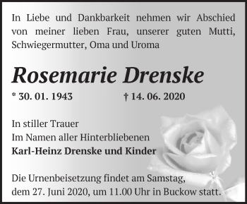 Traueranzeige von Rosemarie Drenske von Märkische Oderzeitung