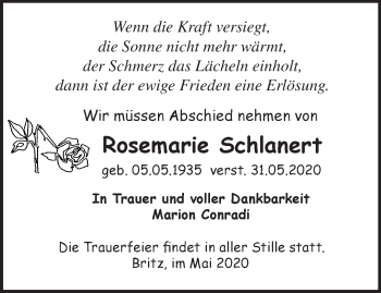 Traueranzeige von Rosemarie Schlanert von Märkische Oderzeitung