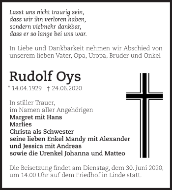 Traueranzeige von Rudolf Oys von Märkische Oderzeitung