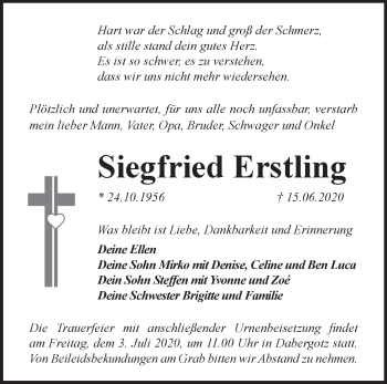 Traueranzeige von Siegfried Erstling von Märkische Oderzeitung