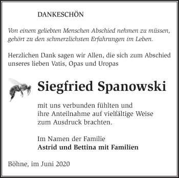 Traueranzeige von Siegfried Spanowski von Märkische Oderzeitung