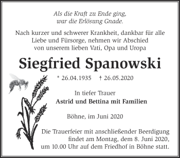 Traueranzeige von Siegfried Spanowski von Märkische Oderzeitung