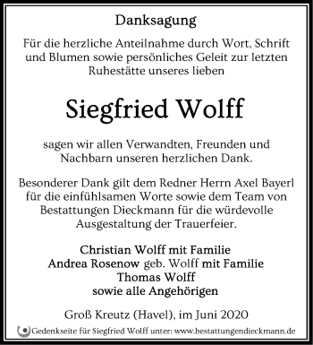 Traueranzeige von Siegfried Wolff von Märkische Oderzeitung