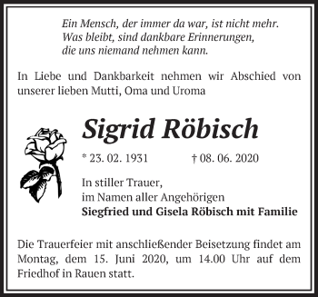 Traueranzeige von Sigrid Röbisch von Märkische Oderzeitung