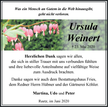 Traueranzeige von Ursula Weinert von Märkische Oderzeitung