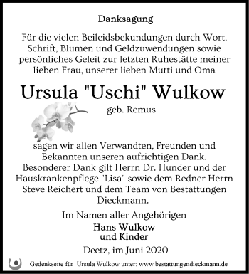 Traueranzeige von Ursula  Wulkow von Märkische Oderzeitung