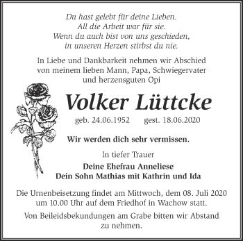 Traueranzeige von Volker Lüttcke von Märkische Oderzeitung