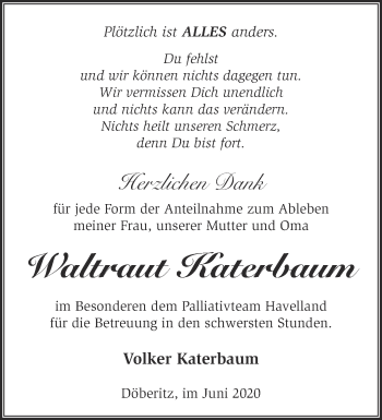 Traueranzeige von Waltraut Katerbaum von Märkische Oderzeitung