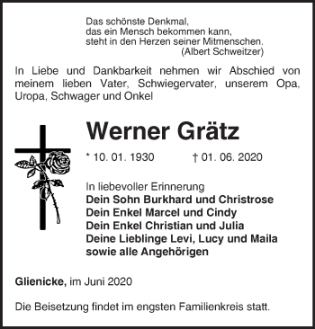 Traueranzeige von Werner Grätz von Märkische Oderzeitung