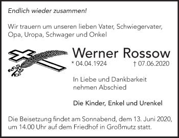 Traueranzeige von Werner Rossow von Märkische Oderzeitung