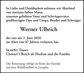 Traueranzeige von Werner Ulbrich von Märkische Oderzeitung