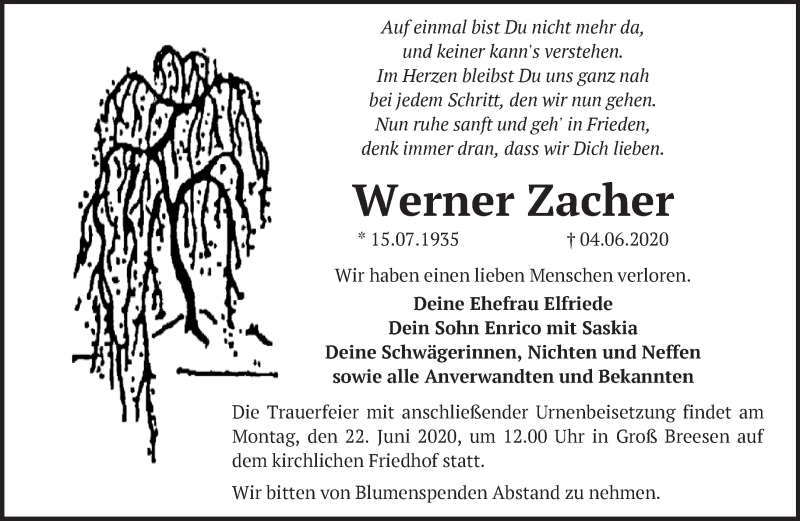  Traueranzeige für Werner Zacher vom 17.06.2020 aus Märkische Oderzeitung