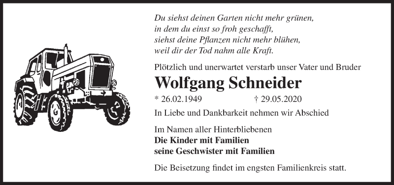  Traueranzeige für Wolfgang Schneider vom 04.06.2020 aus Märkische Oderzeitung