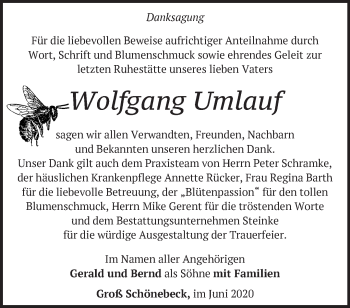 Traueranzeige von Wolfgang Umlauf von Märkische Oderzeitung