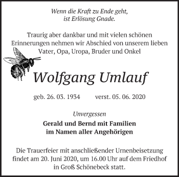 Traueranzeige von Wolfgang Umlauf von Märkische Oderzeitung